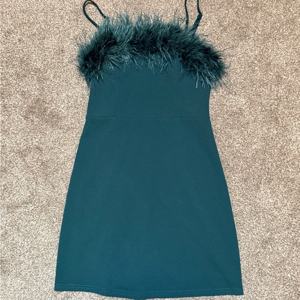 She + Sky Dark Green Feather-Trim Mini Dress